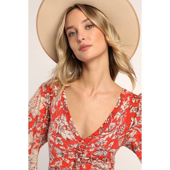 Free People Say the Word Top Sz L Red Floral Combo Peasant Sleeve Cotton Modal - Picture 7 of 9